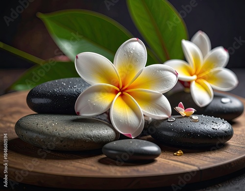 Serene composition featuring white and yellow frangipani flowers resting on dark, smooth spa stones.