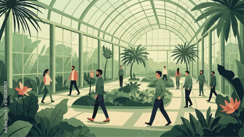 Serene indoor botanical conservatory with lush tropical plants and visitors enjoying the tranquil