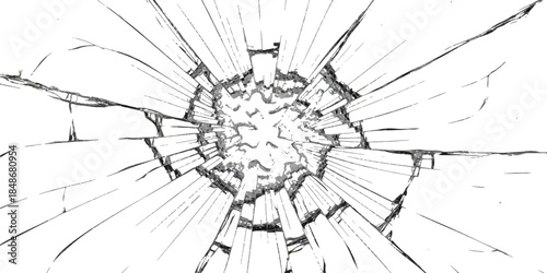 A black and white sketch illustrating a shattered glass effect from a central impact point