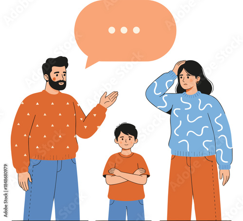 Vector Illustration of Upset Parents Arguing with Speech Bubble Above While Their Son Stands Between Them with Crossed Arms