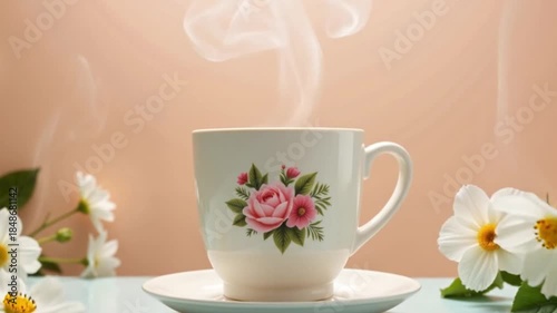 Steam rising from floral cup placed on saucer, conveying warmth and comfort, ideal for themes of relaxation and tea culture. Perfect for calming beverage promotions or lifestyle articles.