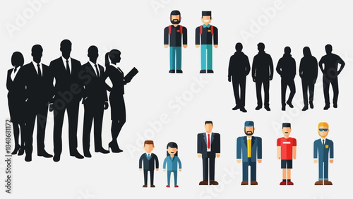 Diverse group of people in silhouette and illustration styles representing business and community.