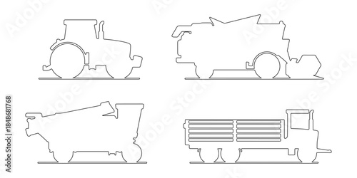 CAD Drawings. Side view set of agricultural vehicles outline including tractor, combine harvester, sprayer, and farm trailer isolated on white background. Vector illustration.