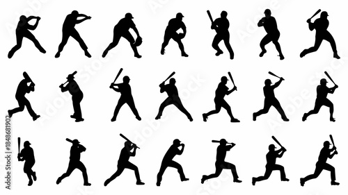 Collection of silhouettes of baseball players in various poses showing different actions of the game