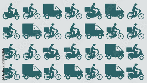 Seamless pattern of delivery vehicles and couriers on bicycles and scooters with cargo boxes for logistics and transportation concepts