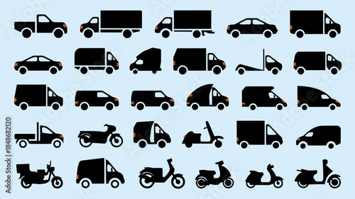 Collection of black silhouette icons representing various vehicles including cars trucks vans motorcycles and scooters on a light blue background