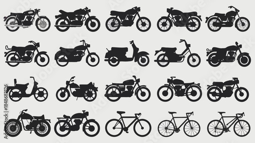 Collection of diverse motorcycle and bicycle silhouettes showcasing various styles and designs against a clean background