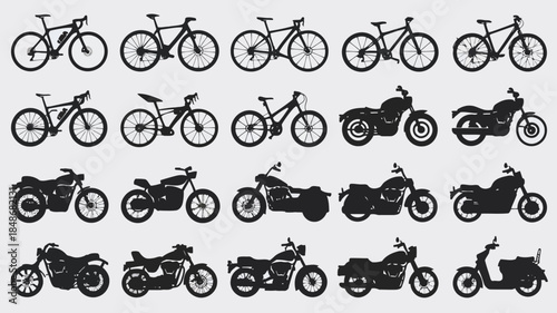 Collection of silhouette style bicycles and motorcycles in a grid layout on a light gray background