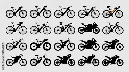 Collection of silhouettes of various bicycles and motorcycles displayed in a grid pattern on a light gray background