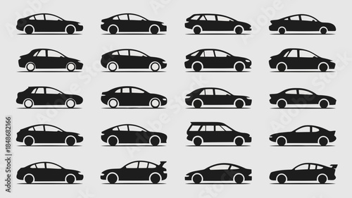 Collection of diverse black car silhouettes representing various vehicle types including sedans suvs and sports cars on a neutral background