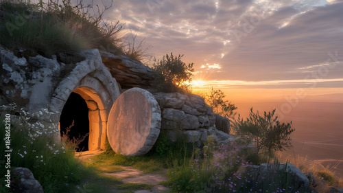 Hobbit s cozy home at sunset