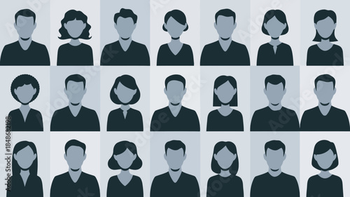 Collection of diverse anonymous male and female profile avatars arranged in a grid pattern representing a community or team