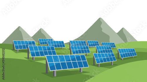 Solar panels in a landscape with green hills and distant mountains