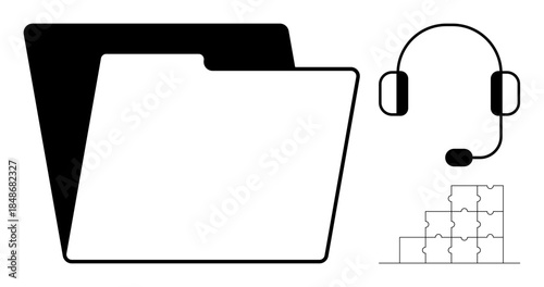 Business tools. Folder, headset, and puzzle icons teamwork, file management, and communication. Business tools improve organization and communication. For workplace, collaboration remote work