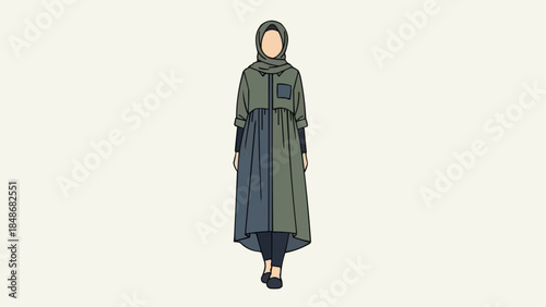 A woman wearing a stylish modern hijab and dress.