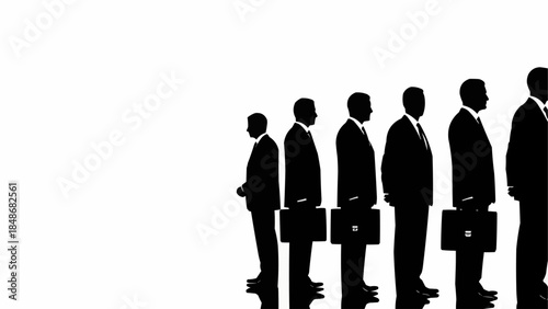 Silhouettes of businessmen in a line holding briefcases.