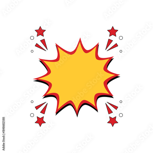 Colorful comic explosion burst shape with star elements, isolated on white background, pop art style illustration for promotion, announcement, sale, and attention grabbing design