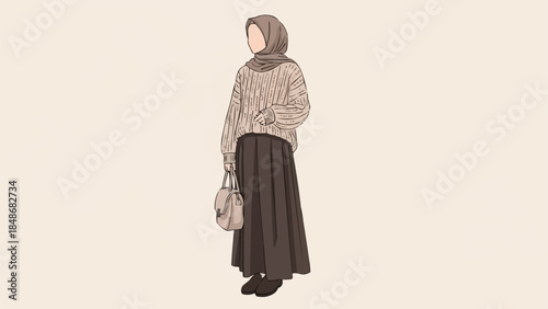 Elegant Muslim Woman in Hijab and Modest Fashion Holding a Handbag.