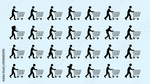 Diverse group of stick figure people with shopping carts walking in a pattern on a light blue background