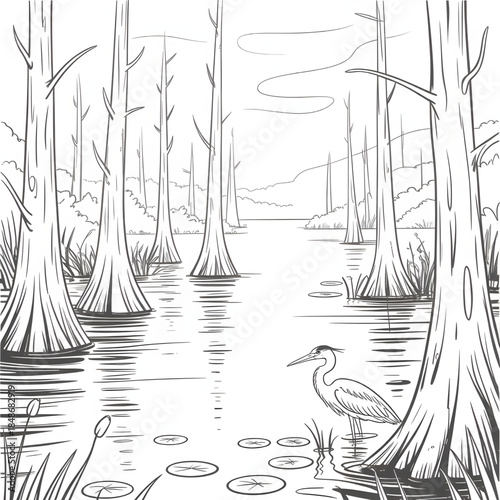 Foggy Swamp Cypress Trees Bird Outline Drawing