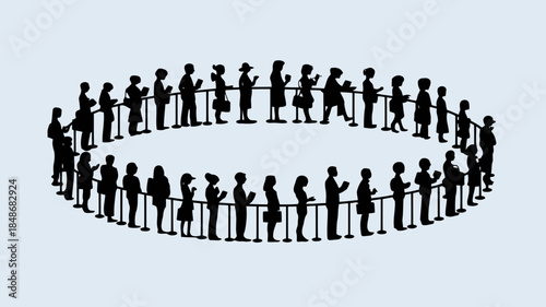 Diverse group of people in silhouette standing in a circular queue holding phones and bags against a light blue background