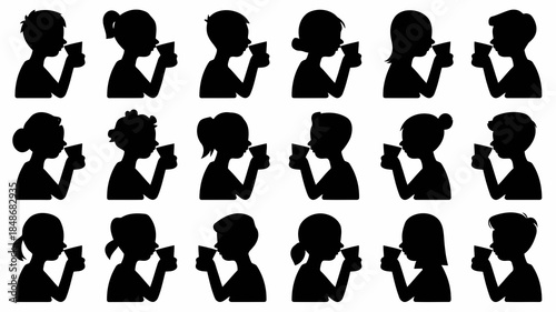 Collection of diverse child silhouettes drinking from cups showcasing different hairstyles and genders in profile view