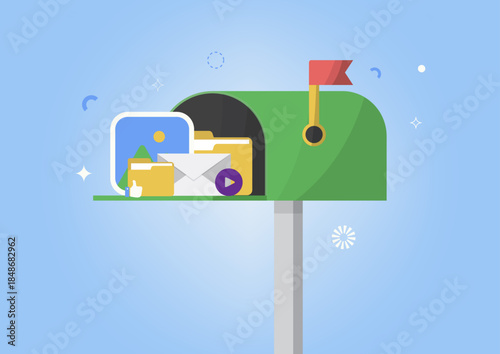 Green mailbox filled with letters, packages, and digital media icons including video and images. Represents email communication, inbox management, and digital correspondence. Vector illustration