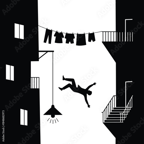 Vector Silhouette of a Man Falling Down an Alley Between Two Buildings with Laundry Hanging Above, Symbolizing Urban Mystery
