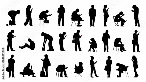 Diverse collection of black silhouettes of people of various ages and genders using their smartphones in different poses and settings