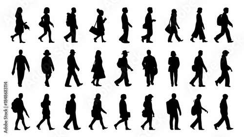 Collection of diverse black silhouette figures of men and women walking in various poses and carrying bags on a white background