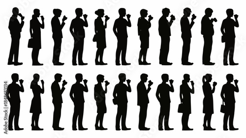 Diverse group of business people silhouettes drinking coffee or tea from cups in a studio setting