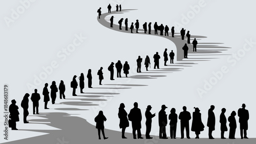 Diverse group of people in silhouette form a long winding queue waiting patiently in a line on a light gray background