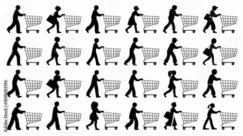 Collection of diverse silhouettes of people pushing shopping carts in various poses and attire