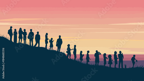 Diverse group of people silhouetted on a grassy hill watching a beautiful sunset with vibrant sky colors