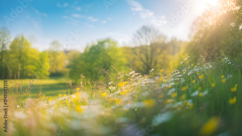 Sunlit meadow with wildflowers and trees on a clear day