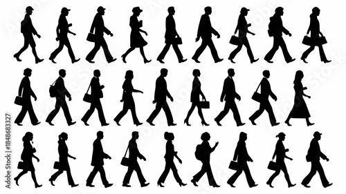 Collection of diverse male and female silhouettes walking in a line against a white background