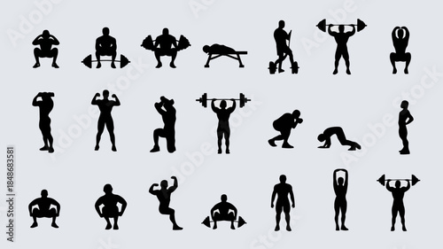 Collection of diverse black human silhouette icons demonstrating various weightlifting and exercise movements on a light gray background