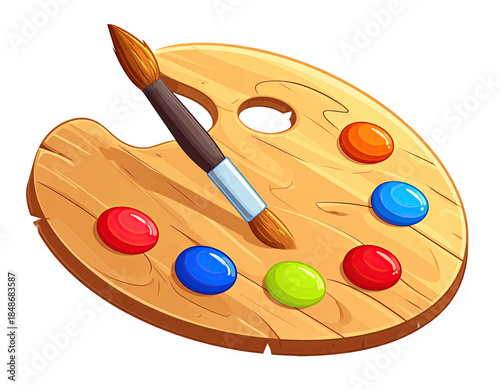 Wooden artist's palette with brush and colorful paint blobs