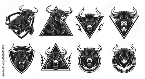 Bull Logos and Emblems Set Illustration.