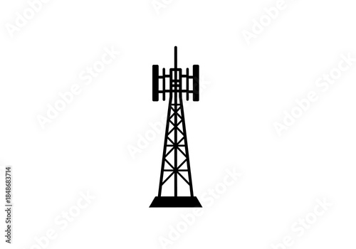 Telecommunication tower illustration standing tall against a plain background viewed from the front showcasing its metal structure and antenna setup