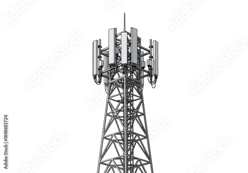 A tall communication tower with multiple antennas and equipment viewed from below in a technological landscape setting