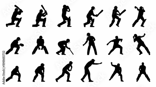 Collection of black silhouettes of cricket players in various poses and actions on a white background