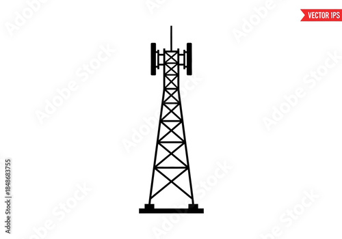 Telecommunication tower with antennas and transmitters standing tall in a clear environment viewed from the front