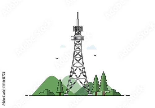 Telecommunication tower standing tall amidst lush green hills and trees, birds flying around