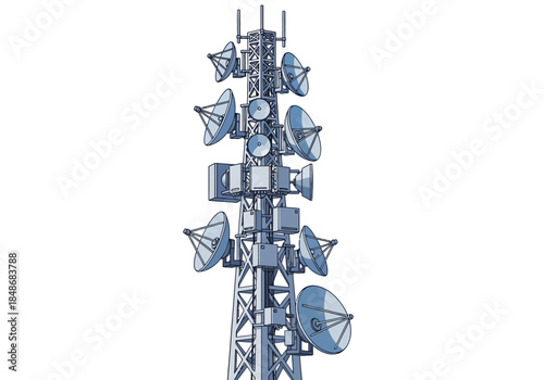 Telecommunication tower with multiple satellite dishes and antennas viewed from below against a clear background
