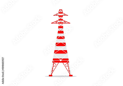 Illustration of a towering red metal sculpture on display outdoors, viewed from the front