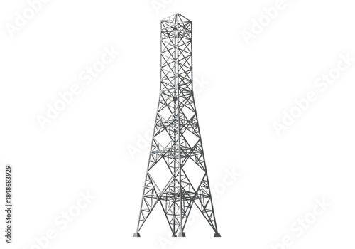 A tall metal transmission tower stands isolated against a plain background, viewed from the front, showcasing its lattice structure and engineering design