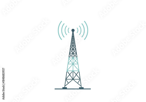 Telecommunication tower emitting signals in a landscape viewed from a distance with technology and infrastructure in focus