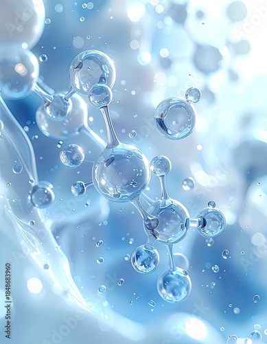 Abstract representation of interconnected, shimmering blue molecular structures with floating water droplets against a bright, blurred background.