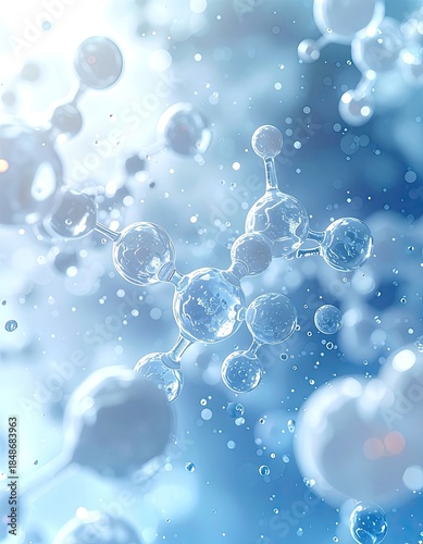 Abstract visualization of transparent water molecules floating in a bright blue, bubbly environment.